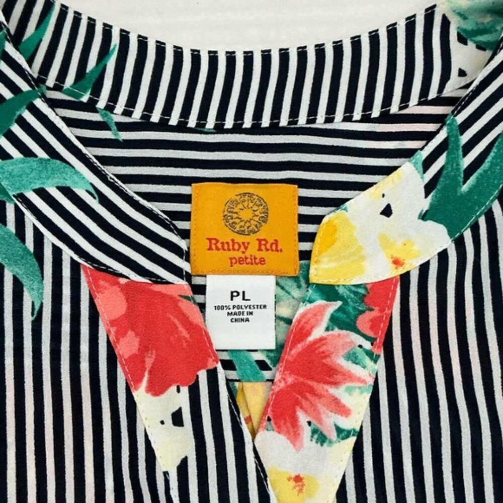 Ruby Rd Tie Up Top High Low 3/4 Sleeve Tropical Black White Stripe Petite Large - Picture 4 of 16